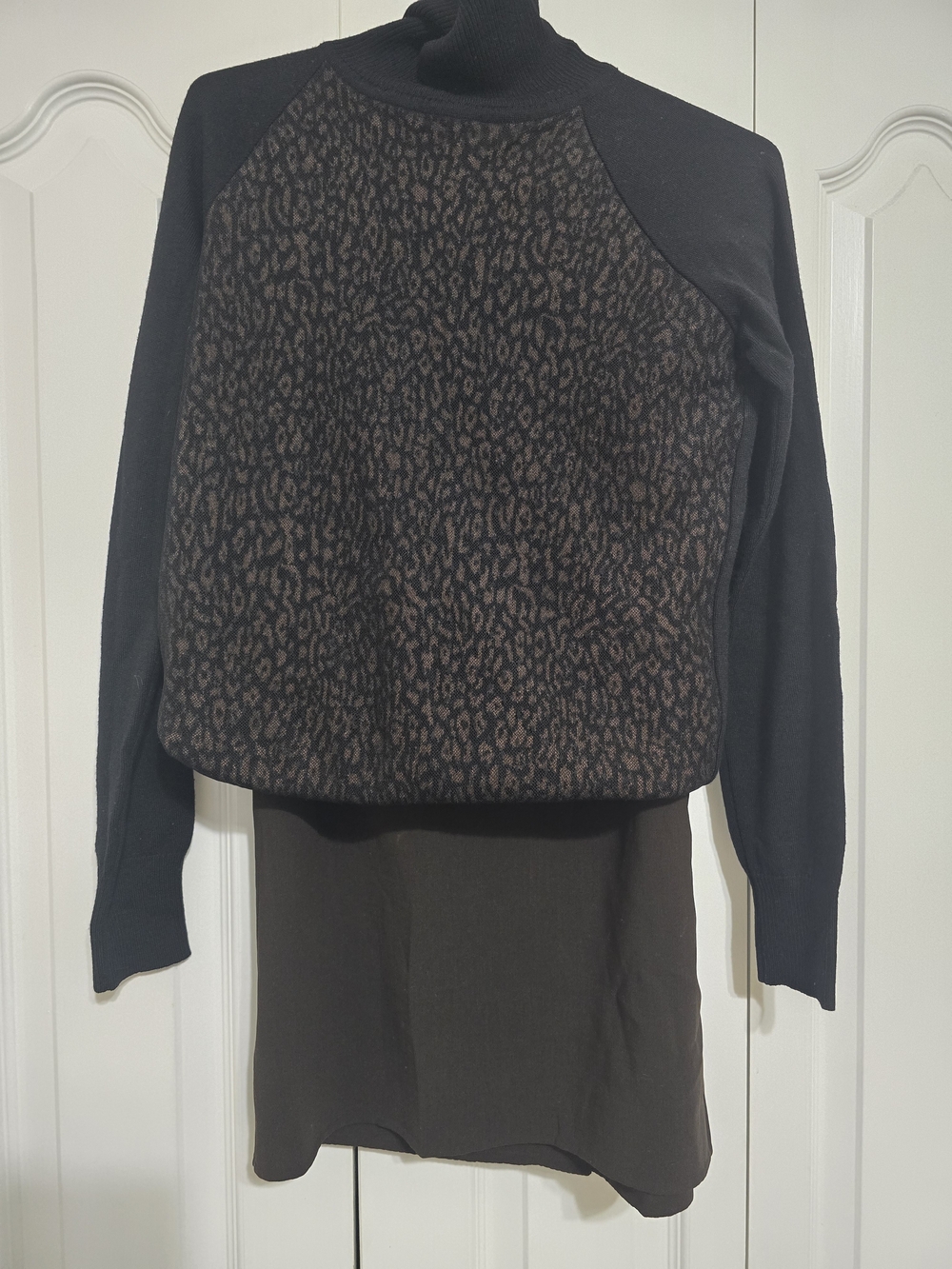 Black Turtleneck Sweater with Brown Leopard Front Panel